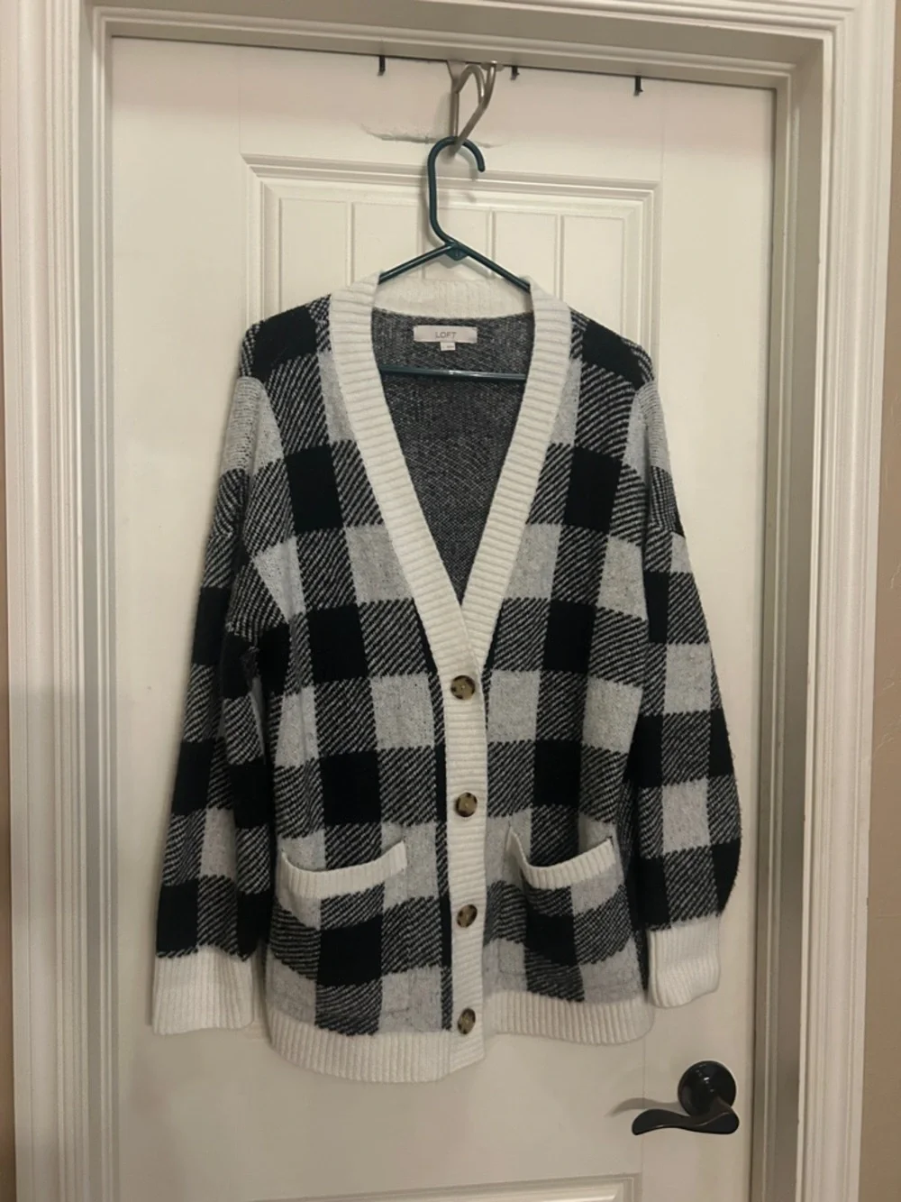 LOFT Large Black & White Buffalo check Plaid Cardigan
